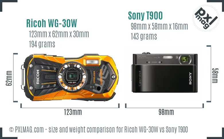 Ricoh WG-30W vs Sony T900 size comparison