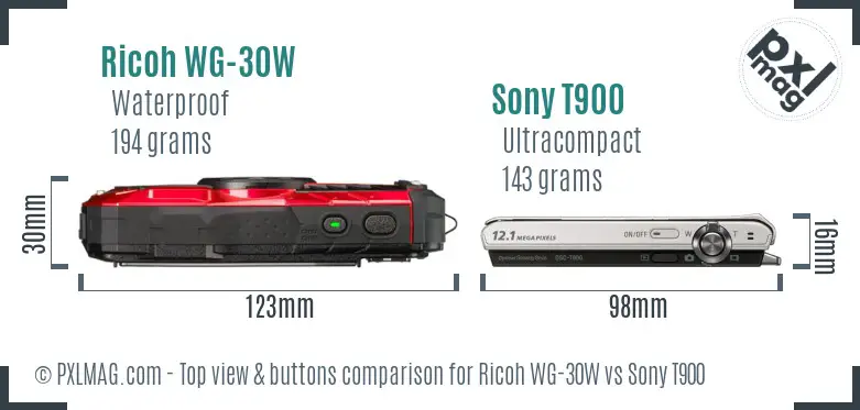 Ricoh WG-30W vs Sony T900 top view buttons comparison