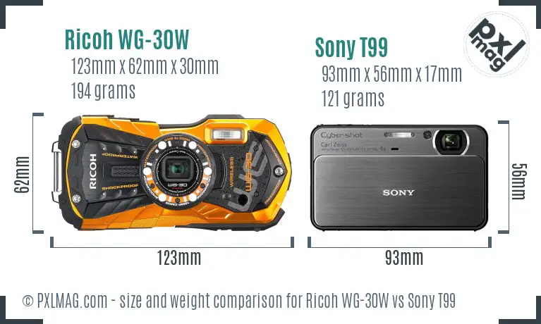 Ricoh WG-30W vs Sony T99 size comparison