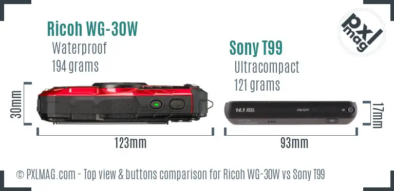 Ricoh WG-30W vs Sony T99 top view buttons comparison