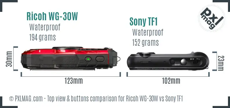 Ricoh WG-30W vs Sony TF1 top view buttons comparison