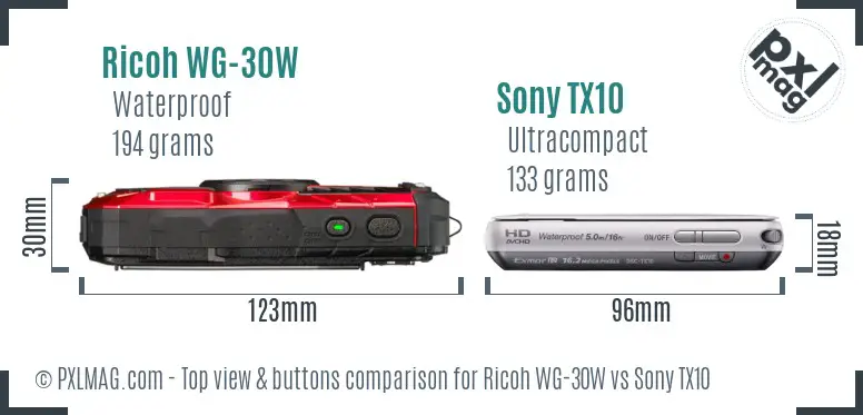 Ricoh WG-30W vs Sony TX10 top view buttons comparison