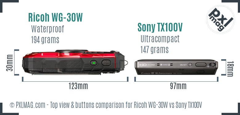 Ricoh WG-30W vs Sony TX100V top view buttons comparison