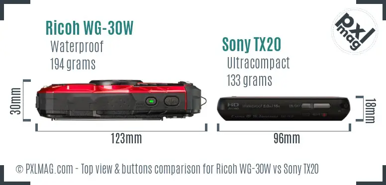 Ricoh WG-30W vs Sony TX20 top view buttons comparison