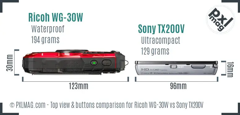 Ricoh WG-30W vs Sony TX200V top view buttons comparison