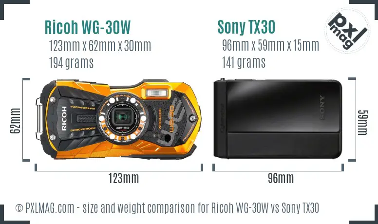 Ricoh WG-30W vs Sony TX30 size comparison