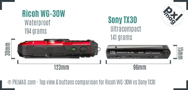 Ricoh WG-30W vs Sony TX30 top view buttons comparison