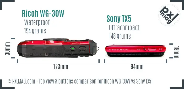 Ricoh WG-30W vs Sony TX5 top view buttons comparison