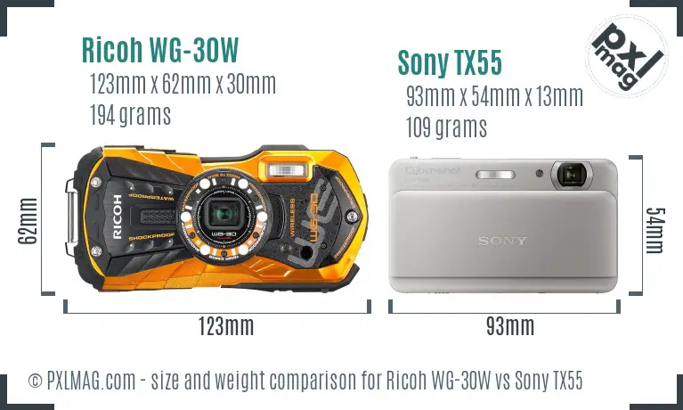 Ricoh WG-30W vs Sony TX55 size comparison