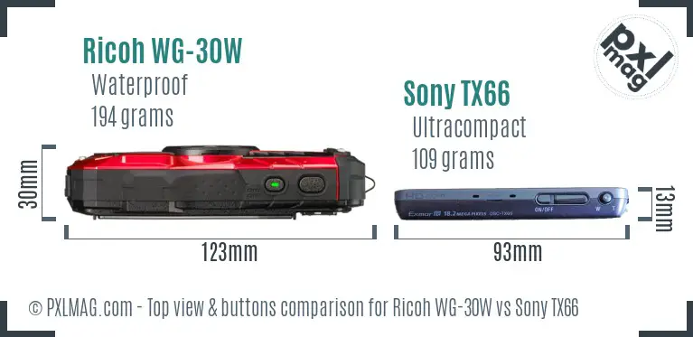 Ricoh WG-30W vs Sony TX66 top view buttons comparison