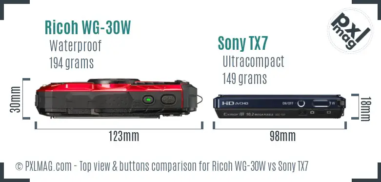 Ricoh WG-30W vs Sony TX7 top view buttons comparison
