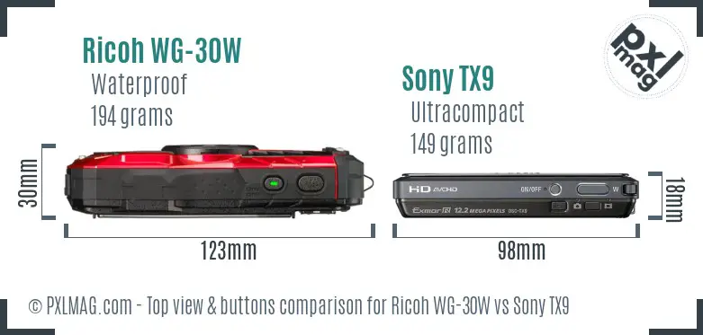 Ricoh WG-30W vs Sony TX9 top view buttons comparison