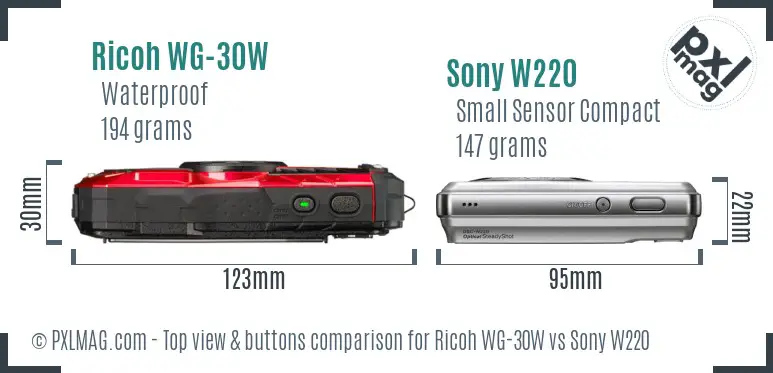 Ricoh WG-30W vs Sony W220 top view buttons comparison