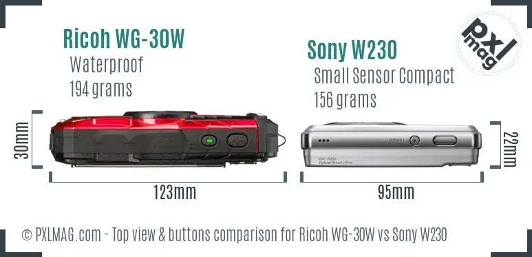 Ricoh WG-30W vs Sony W230 top view buttons comparison