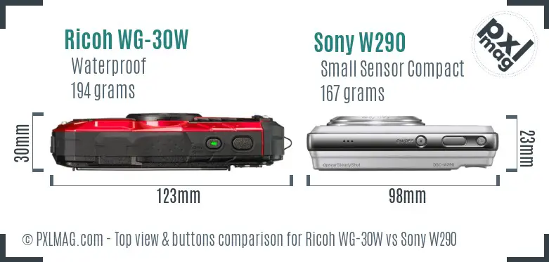 Ricoh WG-30W vs Sony W290 top view buttons comparison