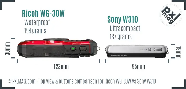 Ricoh WG-30W vs Sony W310 top view buttons comparison