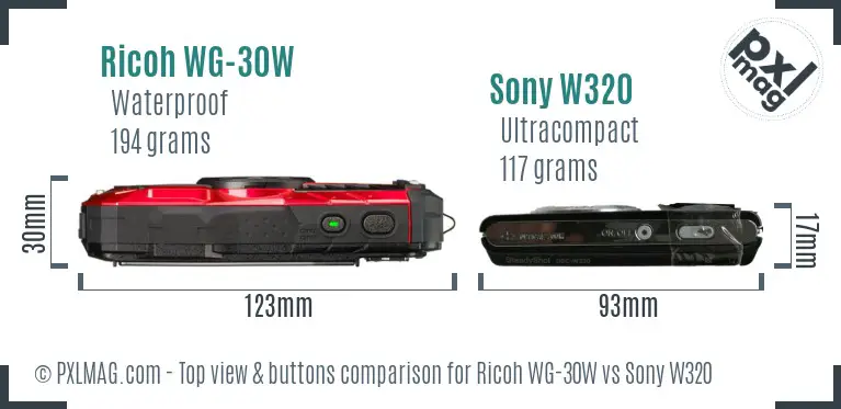 Ricoh WG-30W vs Sony W320 top view buttons comparison