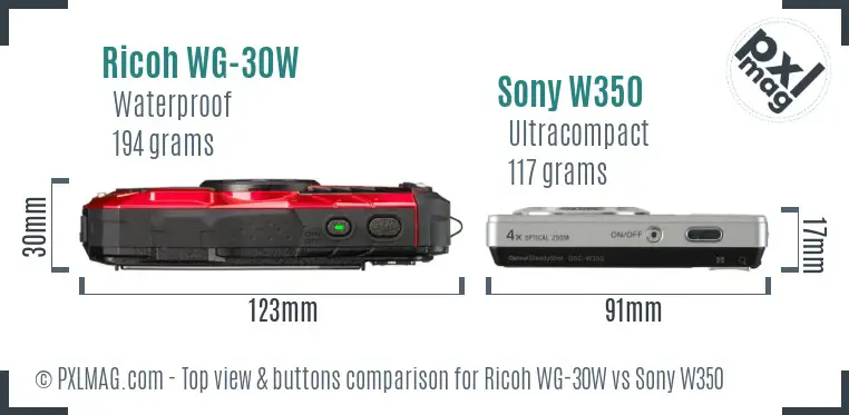 Ricoh WG-30W vs Sony W350 top view buttons comparison