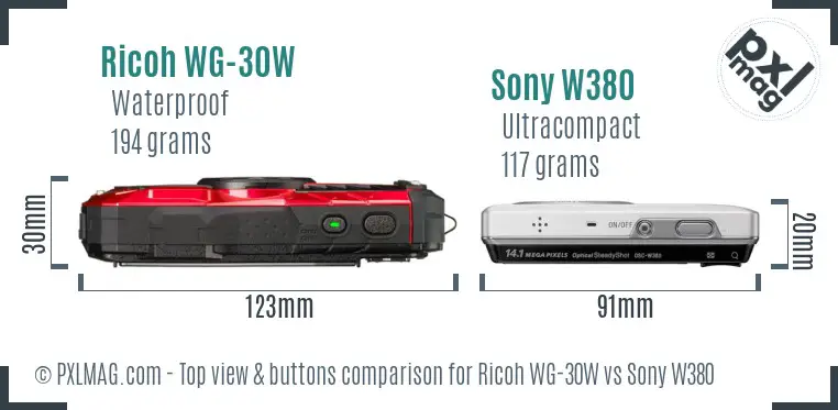 Ricoh WG-30W vs Sony W380 top view buttons comparison