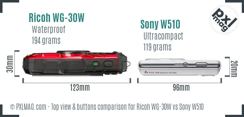 Ricoh WG-30W vs Sony W510 top view buttons comparison