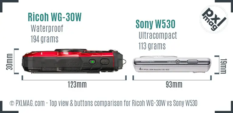 Ricoh WG-30W vs Sony W530 top view buttons comparison
