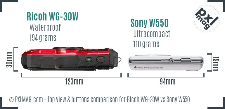 Ricoh WG-30W vs Sony W550 top view buttons comparison