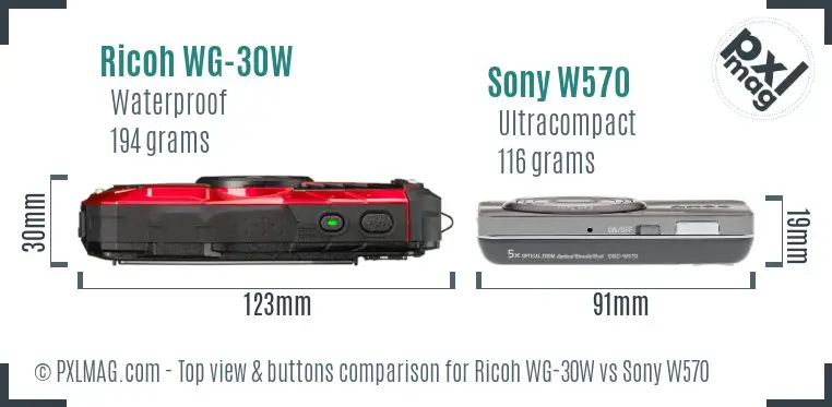 Ricoh WG-30W vs Sony W570 top view buttons comparison
