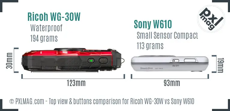 Ricoh WG-30W vs Sony W610 top view buttons comparison