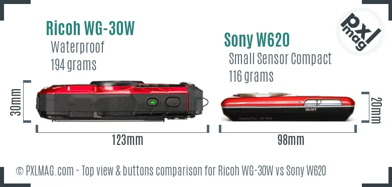 Ricoh WG-30W vs Sony W620 top view buttons comparison