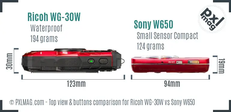 Ricoh WG-30W vs Sony W650 top view buttons comparison