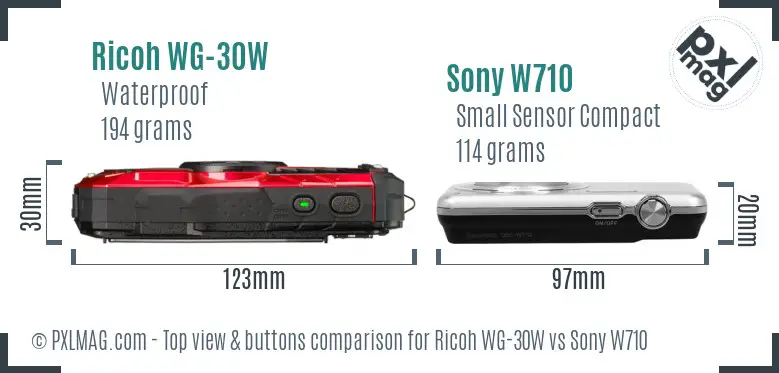 Ricoh WG-30W vs Sony W710 top view buttons comparison
