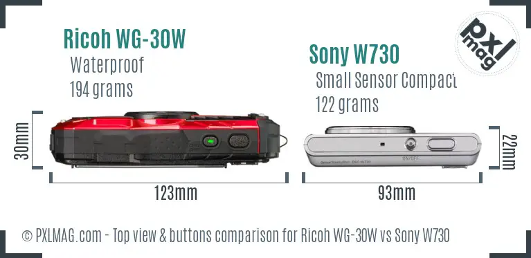 Ricoh WG-30W vs Sony W730 top view buttons comparison