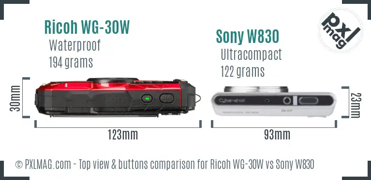 Ricoh WG-30W vs Sony W830 top view buttons comparison