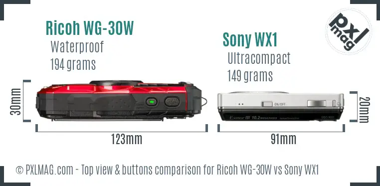 Ricoh WG-30W vs Sony WX1 top view buttons comparison