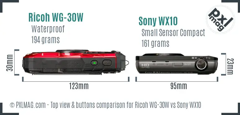 Ricoh WG-30W vs Sony WX10 top view buttons comparison