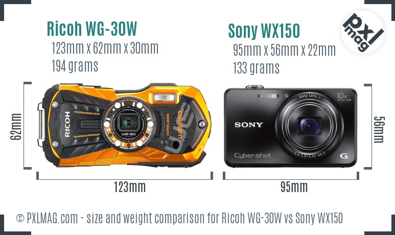 Ricoh WG-30W vs Sony WX150 size comparison