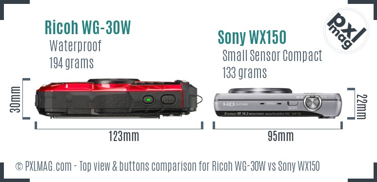 Ricoh WG-30W vs Sony WX150 top view buttons comparison