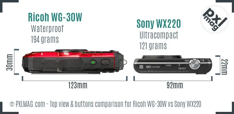 Ricoh WG-30W vs Sony WX220 top view buttons comparison