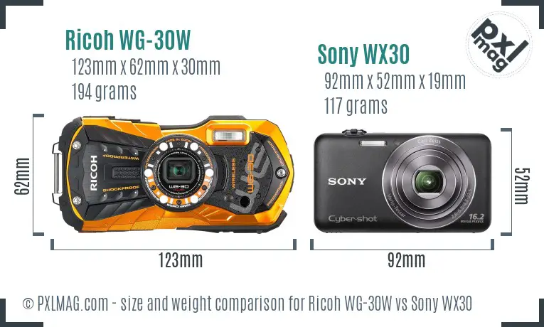 Ricoh WG-30W vs Sony WX30 size comparison