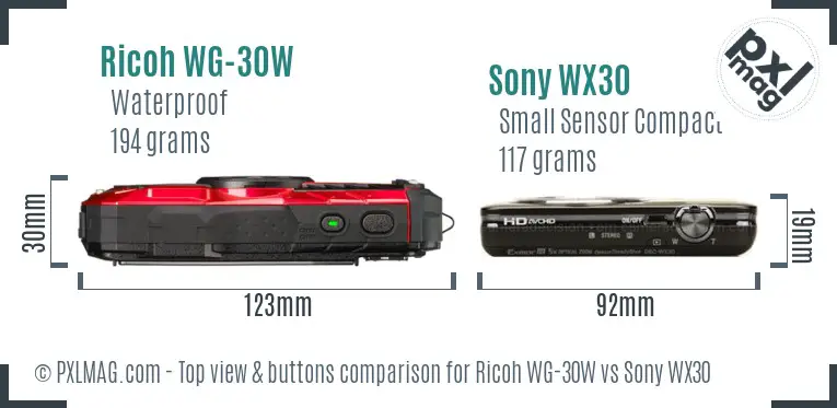Ricoh WG-30W vs Sony WX30 top view buttons comparison