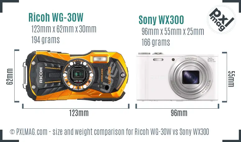 Ricoh WG-30W vs Sony WX300 size comparison