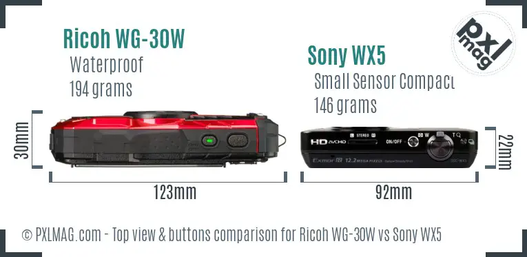 Ricoh WG-30W vs Sony WX5 top view buttons comparison
