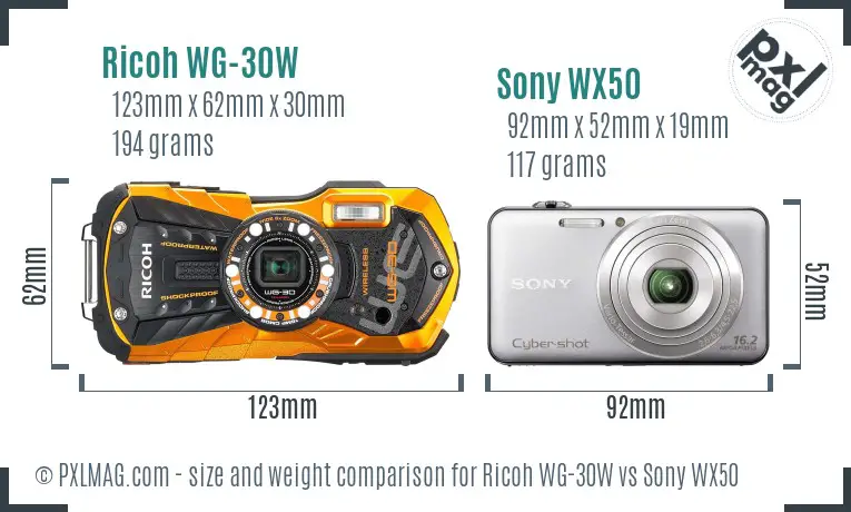 Ricoh WG-30W vs Sony WX50 size comparison