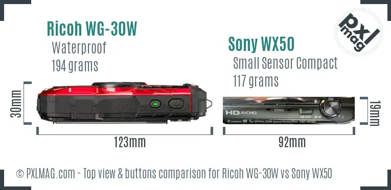 Ricoh WG-30W vs Sony WX50 top view buttons comparison