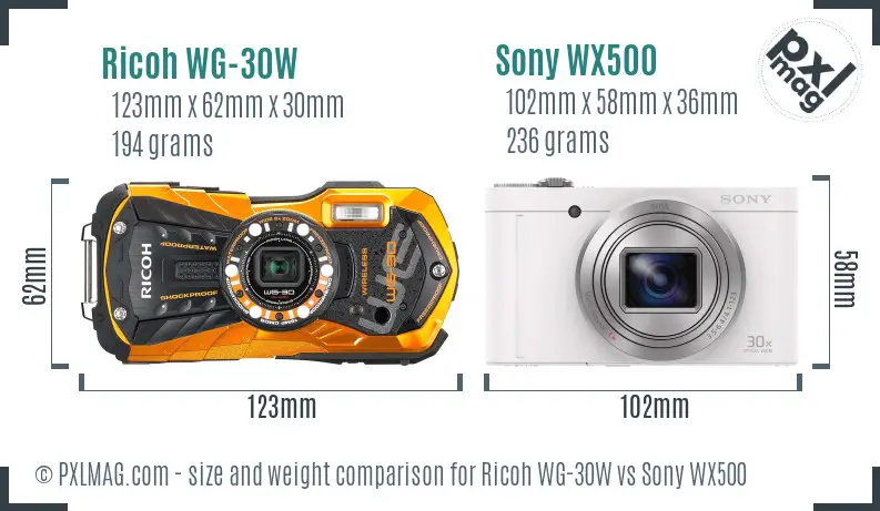 Ricoh WG-30W vs Sony WX500 size comparison