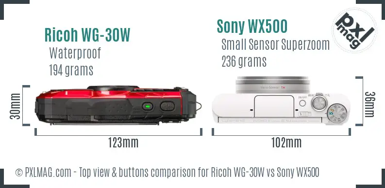 Ricoh WG-30W vs Sony WX500 top view buttons comparison