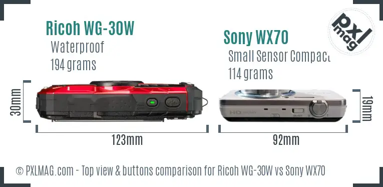 Ricoh WG-30W vs Sony WX70 top view buttons comparison