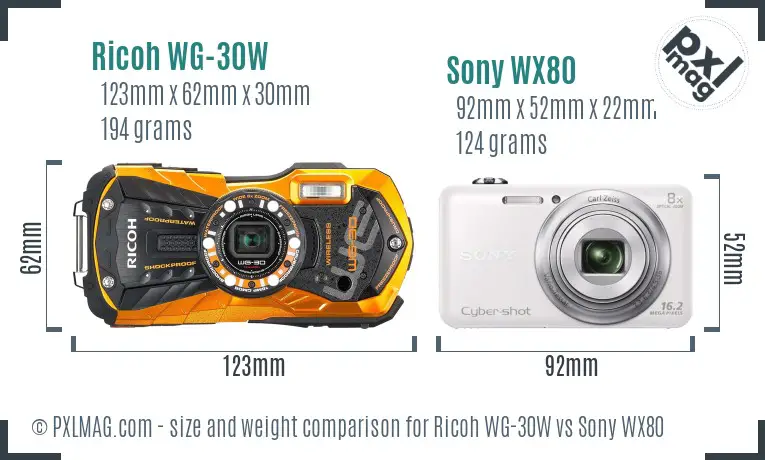 Ricoh WG-30W vs Sony WX80 size comparison