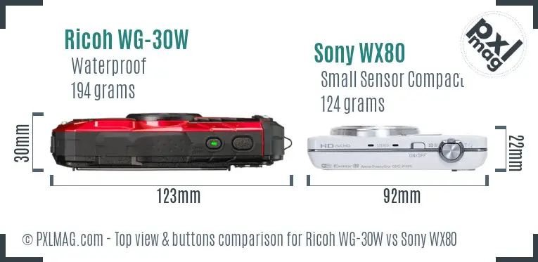 Ricoh WG-30W vs Sony WX80 top view buttons comparison