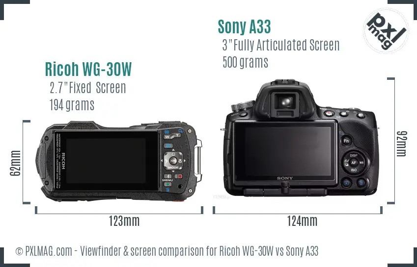 Ricoh WG-30W vs Sony A33 Screen and Viewfinder comparison